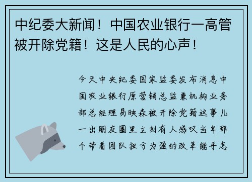 中纪委大新闻！中国农业银行一高管被开除党籍！这是人民的心声！