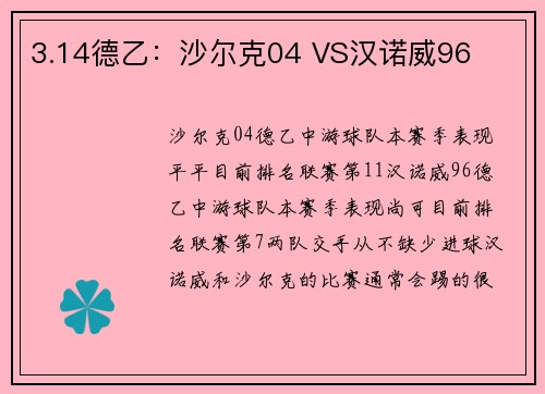3.14德乙：沙尔克04 VS汉诺威96