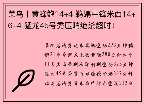 菜鸟丨黄蜂鲍14+4 鹈鹕中锋米西14+6+4 猛龙45号秀压哨绝杀超时！